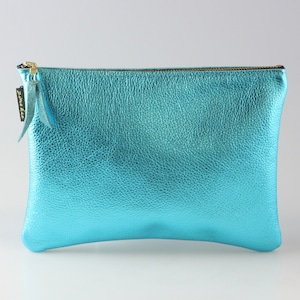 Zina Kao Metallic Carter Soft Leather Bag Cosmetic Pouch in Aqua