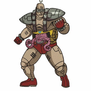 Pode incluir: Uma ilustração de desenho animado de uma figura humanoide grande, musculosa, vestindo uma armadura cinza e marrom. A figura tem uma grande criatura alienígena rosa presa ao seu torso. A criatura tem uma grande boca cheia de dentes e tentáculos. A figura está usando luvas e botas vermelhas.