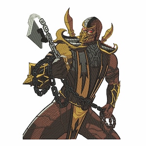 Peut inclure: Un personnage brodé avec un masque et une arme à chaîne, en brun et or. Le personnage est de la série de jeux vidéo Mortal Kombat.