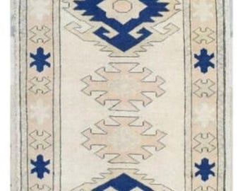 Hand Knotted Wool Runner Rug, Ivory Blue Oushak Design, Vintage, High Traffic Entryway (3x17)