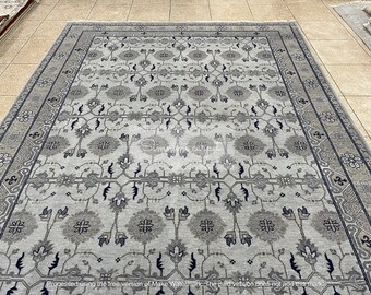 手織りウールラグ：グレー＆ブルーの花柄オリエンタルスタイル - Etsy 日本