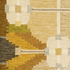 Vintage geometric wool rug, handwoven in brown, beige, yellow and green; mid-century modern area rug, 6x9.
