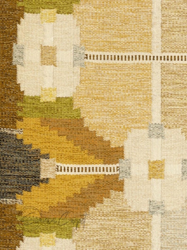 Vintage geometric wool rug, handwoven in brown, beige, yellow and green; mid-century modern area rug, 6x9.