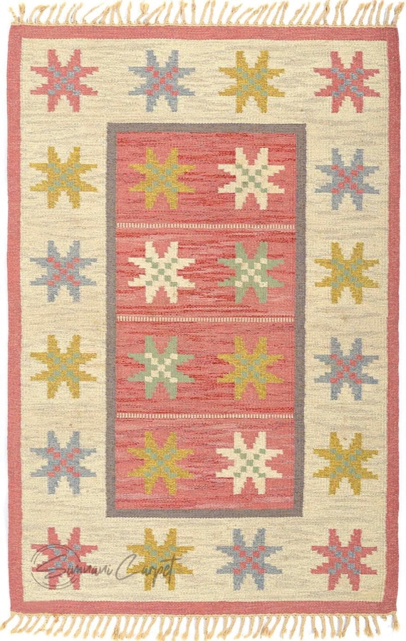 Nordic Style Rug, Warm Color Wool 3x5, Fringed Edge