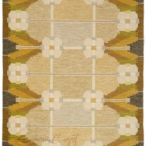 Vintage handwoven wool geometric rug, 6x9, beige with brown, yellow, and green accents; mid-century modern area rug.