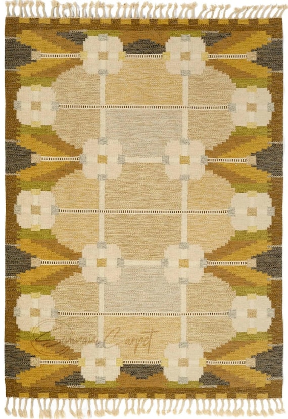 Earth Tone Rug 6x9, Wool, Mustard Yellow, Fringe Edge Rug