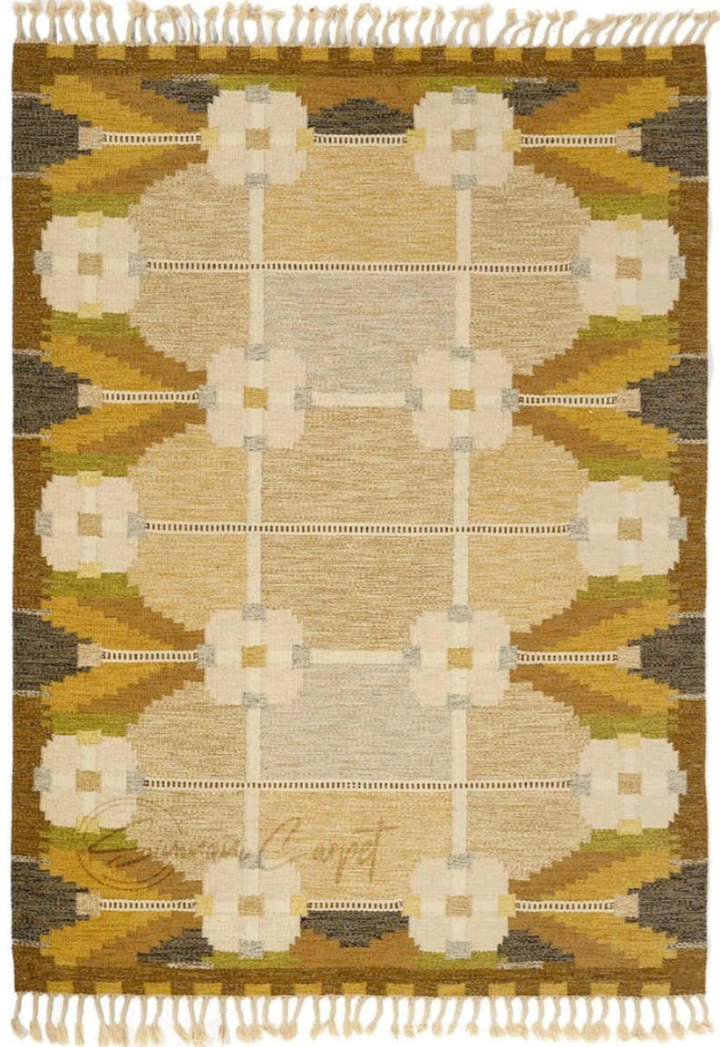 Vintage handwoven wool geometric rug, 6x9, beige with brown, yellow, and green accents; mid-century modern area rug.