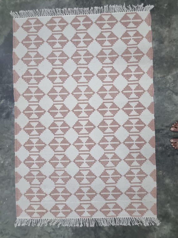 Blush Pink Kilim Rug, Hand Woven Wool Cotton Blend Flatweave, Fringed Edge