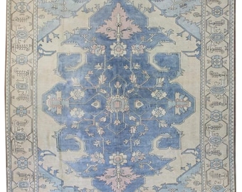 Navy Blue Oushak Rug, Large Wool, Vintage Look, Muted Palette