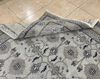 手織りウールラグ：グレー＆ブルーの花柄オリエンタルスタイル - Etsy 日本