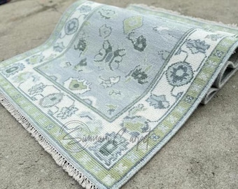 Hand Knotted Oushak Runner Rug, Light Gray Floral Border, Wool Blend Hallway Carpet