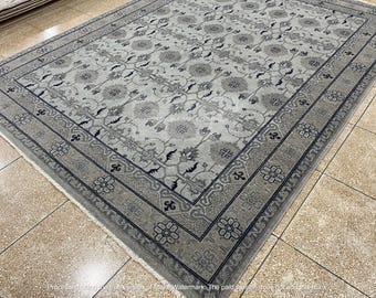 手織りウールラグ：グレー＆ブルーの花柄オリエンタルスタイル - Etsy 日本