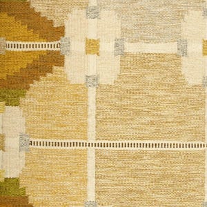 Vintage geometric handwoven wool rug, 6x9, beige and brown with yellow and green accents; mid-century modern living room rug.