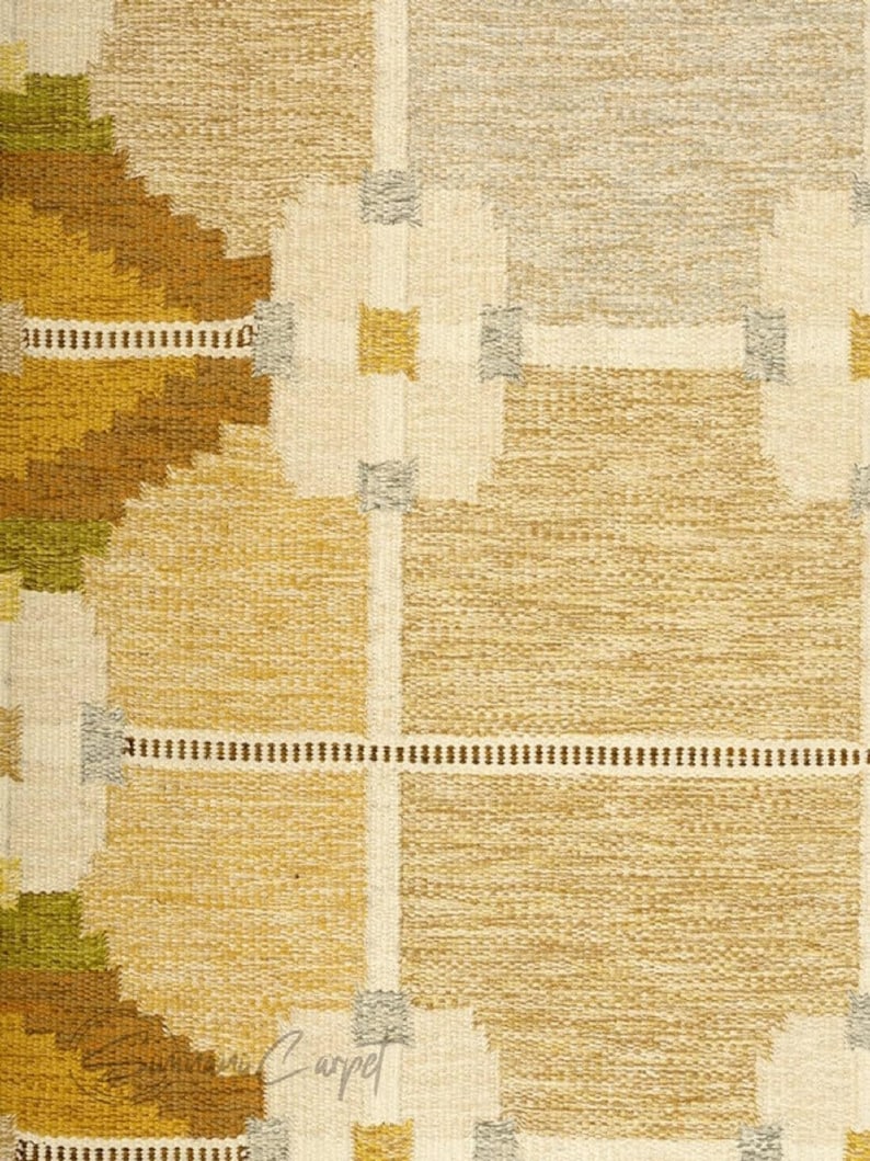 Vintage geometric handwoven wool rug, 6x9, beige and brown with yellow and green accents; mid-century modern living room rug.