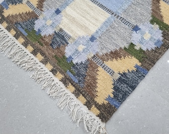 Alfombra Kilim Runner azul de lana, con diseño geométrico, para pasillo y tejido plano.