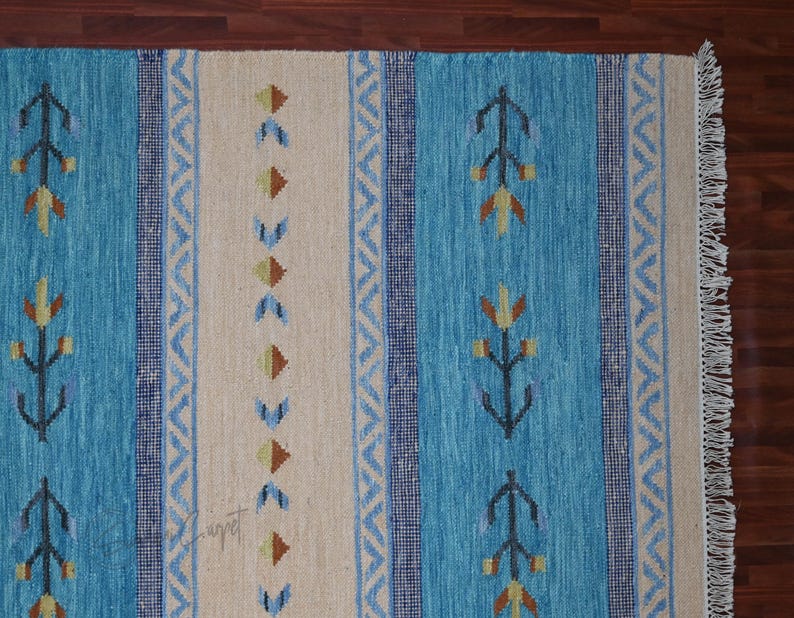 Handwoven kilim rug, blue beige rug, with tribal geometric motifs; flatweave wool carpet with fringe for boho ethnic decor.