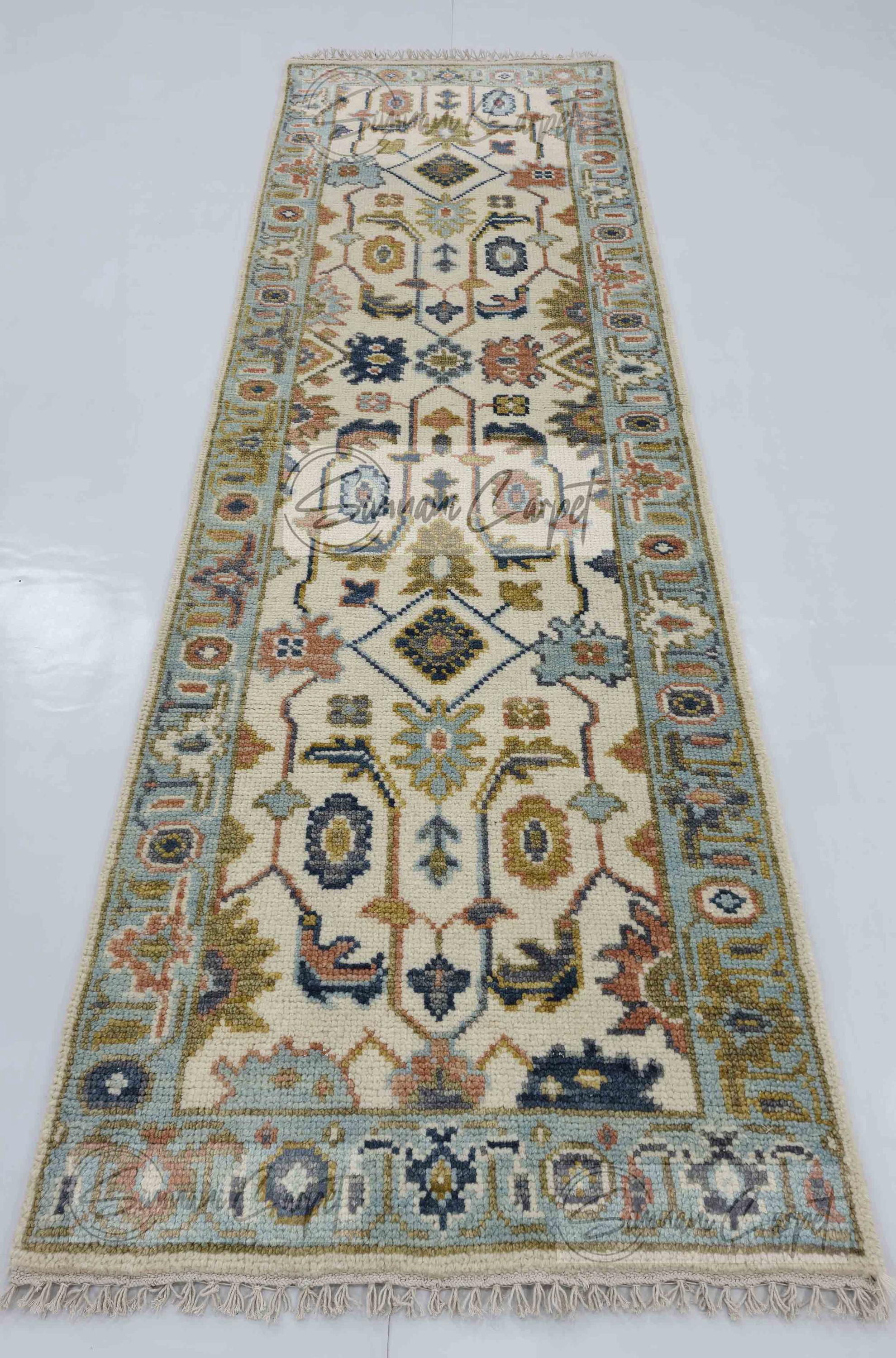 Traditional Oriental Oushak Rug, Area Rug, Blue and Of-White Floral Pattern, Persian Style  for Indoor/Outdoor (3x10 Feet)