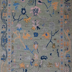 Hand-Knotted Wool Oushak Rug: Gray, Blue-Green Turkish Area Rug