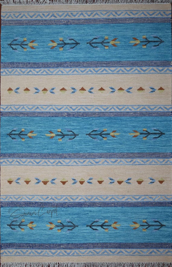Handwoven Kilim Rug: Blue Beige Geometric Wool Carpet, Ethnic Boho Decor