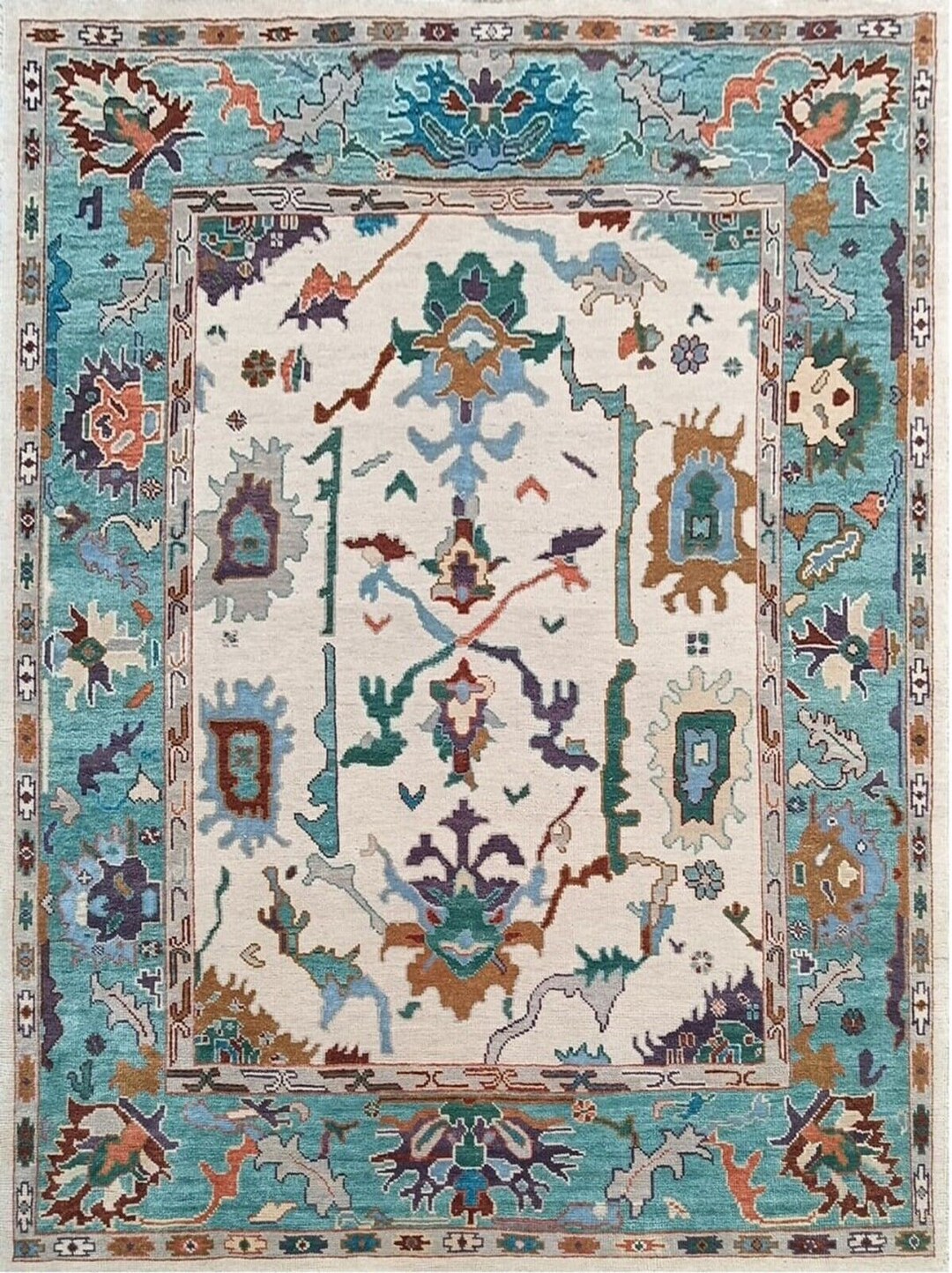 Herki Turkish Rug, Hallway Runner, Light Blue Oushak Rug, Handmade Rug