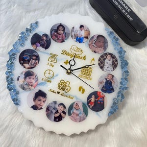 Reloj de pared para bebé hecho a medida, con detalles de resina, reloj de pared con geoda y foto de doce meses, reloj de resina epoxi con geoda, reloj de nacimiento de bebé