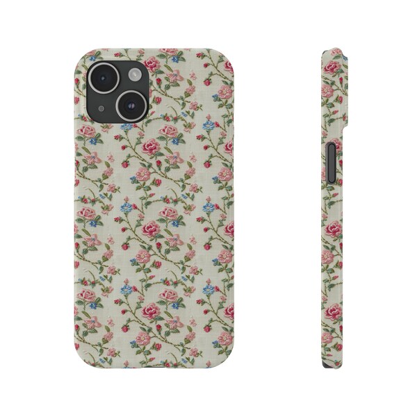 Cottage rose and daisies  Embroidered Slim Phone Case for iPhone - Floral Design in Cottage Core Style Fits iPhone Max 15-11