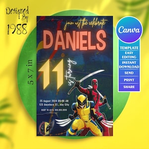 Deadpool Wolverine, DIY gepersonaliseerd, uitnodiging kinderfeestje, bewerken met canvas, leuk en eenvoudig aanpassen, perfect voor elk feest