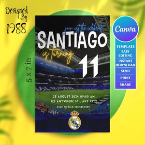 Faire-part du Real Madrid, faire-part de fête d'enfants numérique personnalisé à faire soi-même, à modifier avec Canva, personnalisation amusante et facile, parfait pour toute célébration