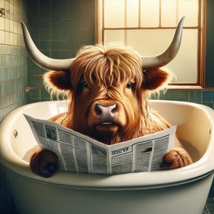 Mucca delle Highlands in bagno che legge il giornale, poster del bagno