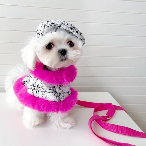 Pet Leash Set-Barbie Pink + White plaid Cape - Pet Chest and Back Strap - Pet Apparel - Pet Cloak - Dress For Dogs and Cats -Gifts for Pets
