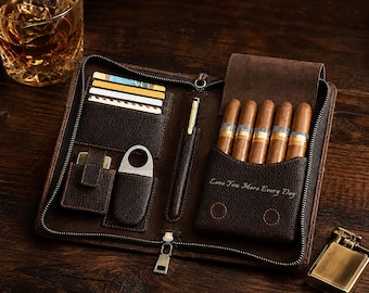 Personalized Leather Cigar Case, Custom Monogram Travel Organizer, Cigar Holder Gift for Him