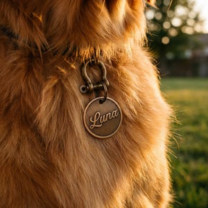Op de afbeelding: Een bronzen hondenpenning met de naam "Luna" in sierlijke letters. De ronde penning heeft een gestreept patroon en is bevestigd aan een halsband. De vacht van de hond is goudkleurig. De achtergrond is wazig.