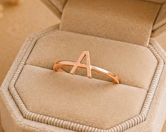 Personalized A Letter Ring, 18K Gold Plated Sterling Silver Dainty Initial Ring