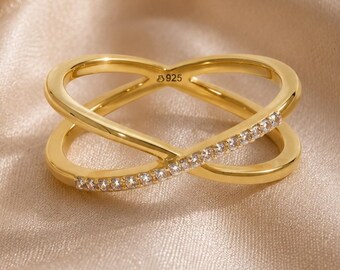 Sterling Silver Criss Cross Ring, Pave CZ Diamonds, Gold Plated Double Band Jewelry