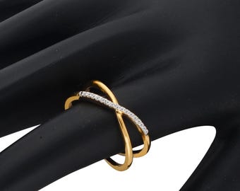 Anillo de oro de 14 quilates con diamantes pavé y cruz cruzada para mujer, doble banda de topacio blanco en plata 925, joyería minimalista, anillo de oro con piedra de nacimiento de abril.