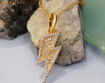 Lightning Bolt Pendant, 14k Gold 925 Sterling Silver CZ Diamond