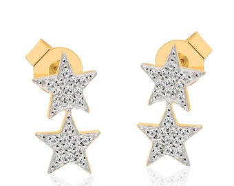 Gold Star Earrings, Double Star Studs, Starburst Earring for Everyday Wear, Celestial Jewelry, Two Star Frame Earrings, Valentine Gift
