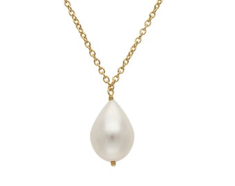 Gold Freshwater Pearl Drop Necklace, 925 Sterling Silver, Real Pearl Pendant Necklace, Dainty Teardrop Pearl Necklace, Gift For Women