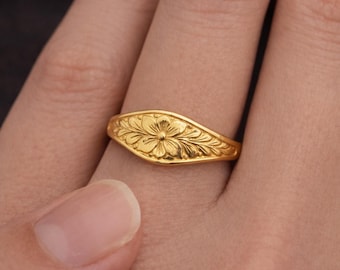 925er Silber Vintage Blumenring, Zierlicher Gravierte Blumen Bandring, Gold Vintage Gravierte Blumenring Geschenk für Sie