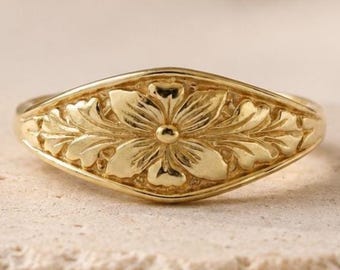 925 Silver Vintage Flower Ring, Dainty Engraved Floral Band Ring, Gold Vintage Engraved Floral Ring Gift For Her