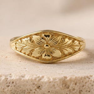 925 Silver Vintage Flower Ring, Dainty Engraved Floral Band Ring, Gold Vintage Engraved Floral Ring Gift For Her