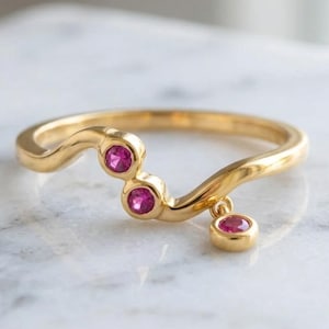 Curved V Shaped Ring, Three Pink Zircon Dangle, 18K Gold Plated Sterling Silver