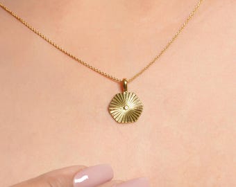 925 Sterling Silver Hexagonal Sun Pendant, Dainty Sunrise Necklace, Celestial Charm