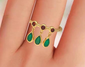 Garnet and Green Onyx Dangle Ring, 18k Gold Plated Sterling Silver