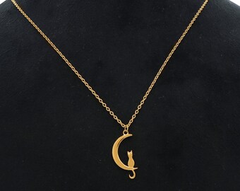 JewelryWe Collana da donna con gatto sulla luna, collana in acciaio inox, con gattino, ciondolo a forma di mezzaluna di luna, regalo per lei, moglie, fidanzata