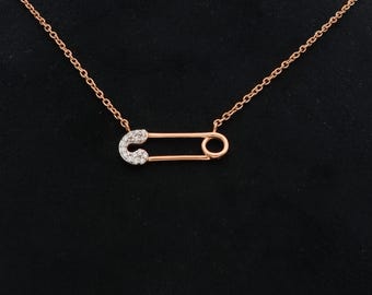 Rose Gold Safety Pin Necklace, Sterling Silver, Zircon Charm