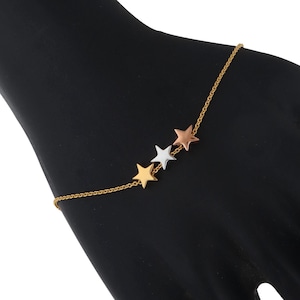 Three Star Bracelet, 925 Silver Star Chain Bracelet, Elegant Star Charm Jewelry, Minimalist Bracelet, Unique Two Tone Bracelet, Gift For Her