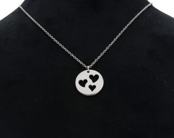 Sterling Silver Triple Heart Disk Necklace, Gift for Best Friend, Dainty Heart Necklace, Love Triple Heart Necklace, Perfect Gift for Her