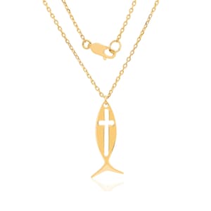 Gold Fish Cross Necklace for Her, Christian Necklace, Christian Fish Charm, Cross Pendant Necklace, Gift for Her Unique 14k Gol