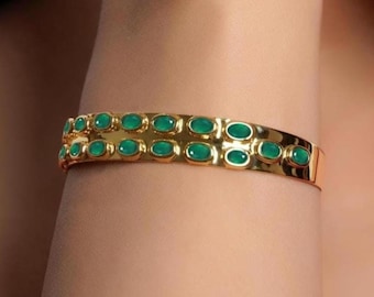 Green Onyx Gold Bangle Bracelet, 14k Gold Green Onyx Bracelet, 925 Sterling Silver Bangle, Stylish May Birthstone Bangle, Handmade Women